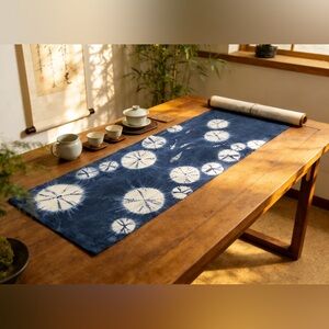 Indigo Shibori Table Runner Japanese Tie Dye Lotus Pond